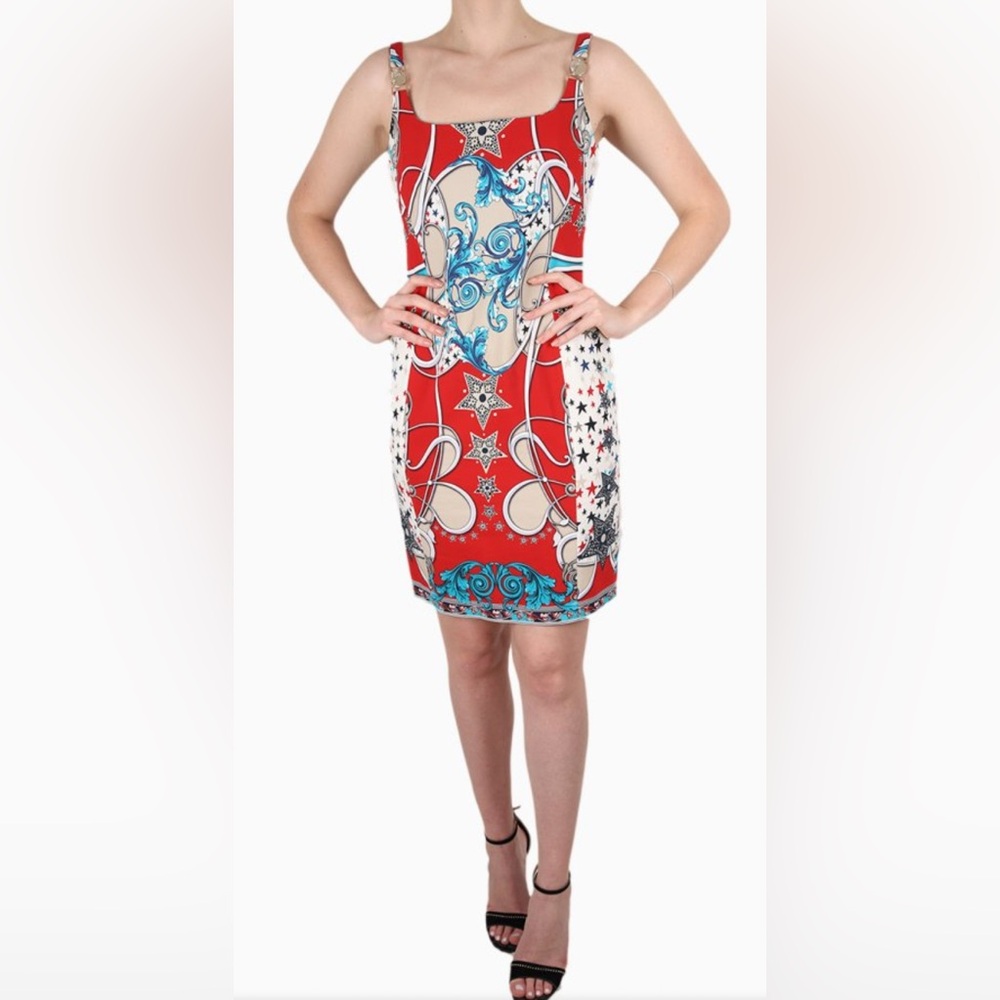 Versace Red and Blue Pattern Mini Dress 38 2 $1645 - Picture 9 of 10